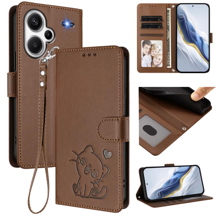 Embossed Heart Cat Leather Phone Case with Hand Strap, For Redmi Note 13 Pro+ 5G Global, For Redmi 12 4G / 5G / Note 12R, For Redmi K50i / Note 12T Pro, For Redmi Note 12 Turbo 5G / Xiaomi Poco F5