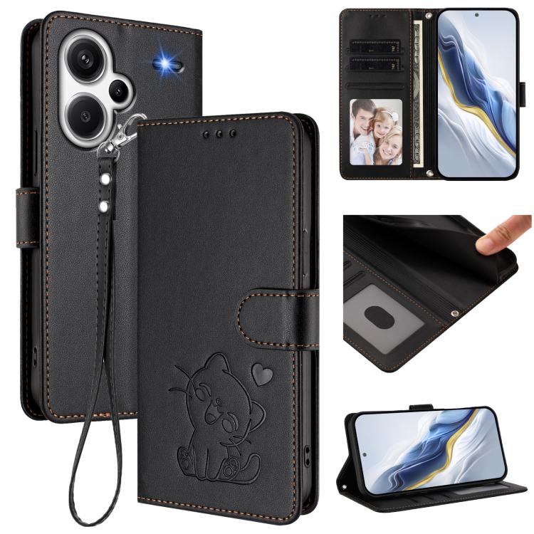 Embossed Heart Cat Leather Phone Case with Hand Strap, For Redmi Note 13 Pro+ 5G Global, For Redmi 12 4G / 5G / Note 12R, For Redmi K50i / Note 12T Pro, For Redmi Note 12 Turbo 5G / Xiaomi Poco F5