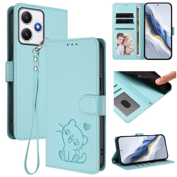 Embossed Heart Cat Leather Phone Case with Hand Strap, For Redmi Note 13 Pro+ 5G Global, For Redmi 12 4G / 5G / Note 12R, For Redmi K50i / Note 12T Pro, For Redmi Note 12 Turbo 5G / Xiaomi Poco F5