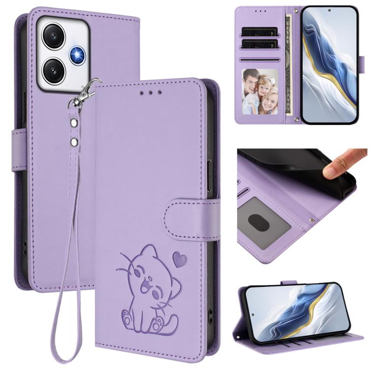 Embossed Heart Cat Leather Phone Case with Hand Strap, For Redmi Note 13 Pro+ 5G Global, For Redmi 12 4G / 5G / Note 12R, For Redmi K50i / Note 12T Pro, For Redmi Note 12 Turbo 5G / Xiaomi Poco F5