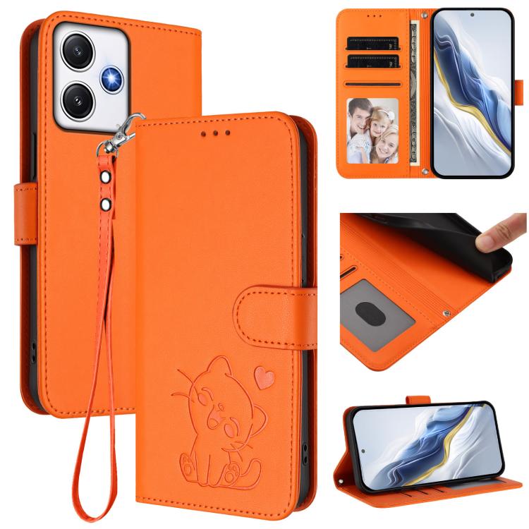 Embossed Heart Cat Leather Phone Case with Hand Strap, For Redmi Note 13 Pro+ 5G Global, For Redmi 12 4G / 5G / Note 12R, For Redmi K50i / Note 12T Pro, For Redmi Note 12 Turbo 5G / Xiaomi Poco F5