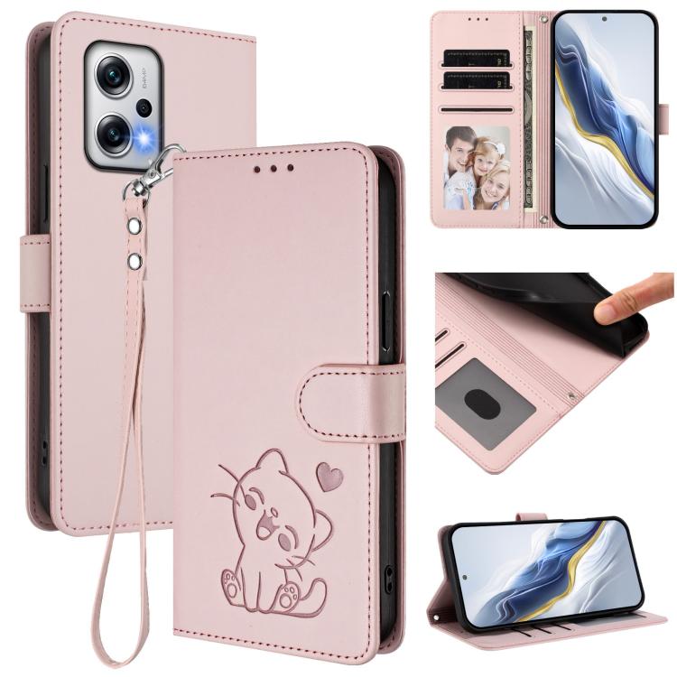 Embossed Heart Cat Leather Phone Case with Hand Strap, For Redmi Note 13 Pro+ 5G Global, For Redmi 12 4G / 5G / Note 12R, For Redmi K50i / Note 12T Pro, For Redmi Note 12 Turbo 5G / Xiaomi Poco F5
