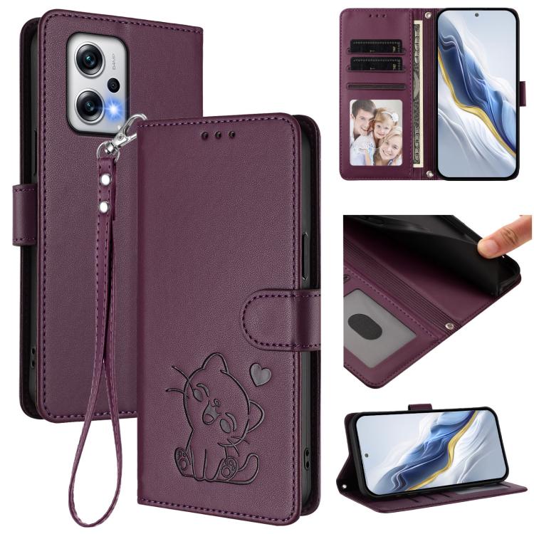 Embossed Heart Cat Leather Phone Case with Hand Strap, For Redmi Note 13 Pro+ 5G Global, For Redmi 12 4G / 5G / Note 12R, For Redmi K50i / Note 12T Pro, For Redmi Note 12 Turbo 5G / Xiaomi Poco F5