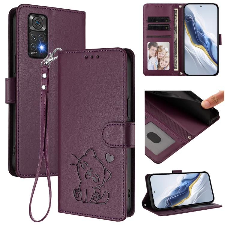 Embossed Heart Cat Leather Phone Case with Hand Strap, For Redmi K60 / K60 Pro, For Redmi Note 11 4G / Note 11S 4G Global, For Redmi A1+ / A2+ / Xiaomi Poco C51, For Redmi Note 11 Pro 5G / 4G Global