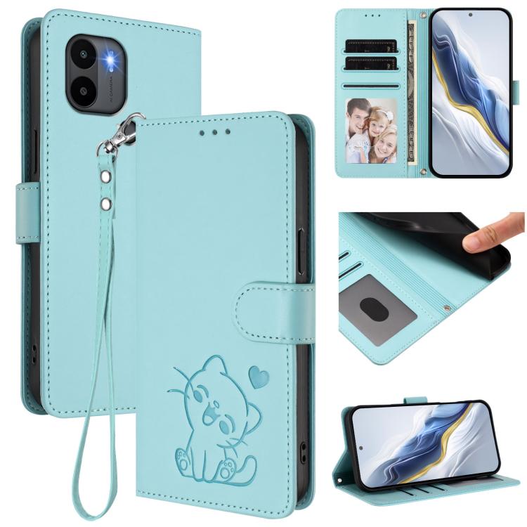 Embossed Heart Cat Leather Phone Case with Hand Strap, For Redmi K60 / K60 Pro, For Redmi Note 11 4G / Note 11S 4G Global, For Redmi A1+ / A2+ / Xiaomi Poco C51, For Redmi Note 11 Pro 5G / 4G Global