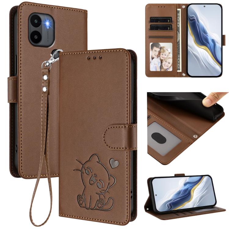 Embossed Heart Cat Leather Phone Case with Hand Strap, For Redmi K60 / K60 Pro, For Redmi Note 11 4G / Note 11S 4G Global, For Redmi A1+ / A2+ / Xiaomi Poco C51, For Redmi Note 11 Pro 5G / 4G Global