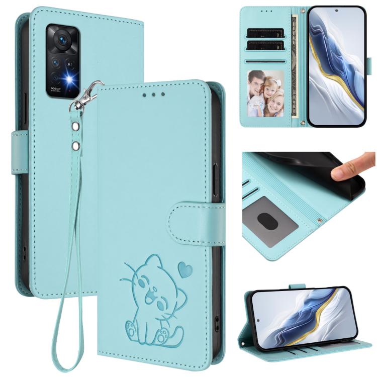 Embossed Heart Cat Leather Phone Case with Hand Strap, For Redmi K60 / K60 Pro, For Redmi Note 11 4G / Note 11S 4G Global, For Redmi A1+ / A2+ / Xiaomi Poco C51, For Redmi Note 11 Pro 5G / 4G Global