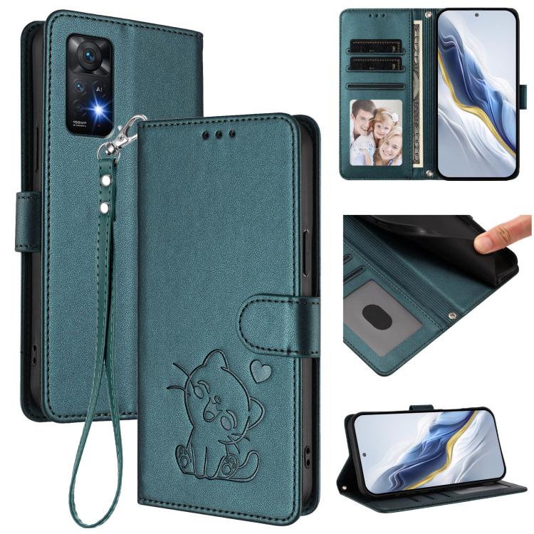 Embossed Heart Cat Leather Phone Case with Hand Strap, For Redmi K60 / K60 Pro, For Redmi Note 11 4G / Note 11S 4G Global, For Redmi A1+ / A2+ / Xiaomi Poco C51, For Redmi Note 11 Pro 5G / 4G Global