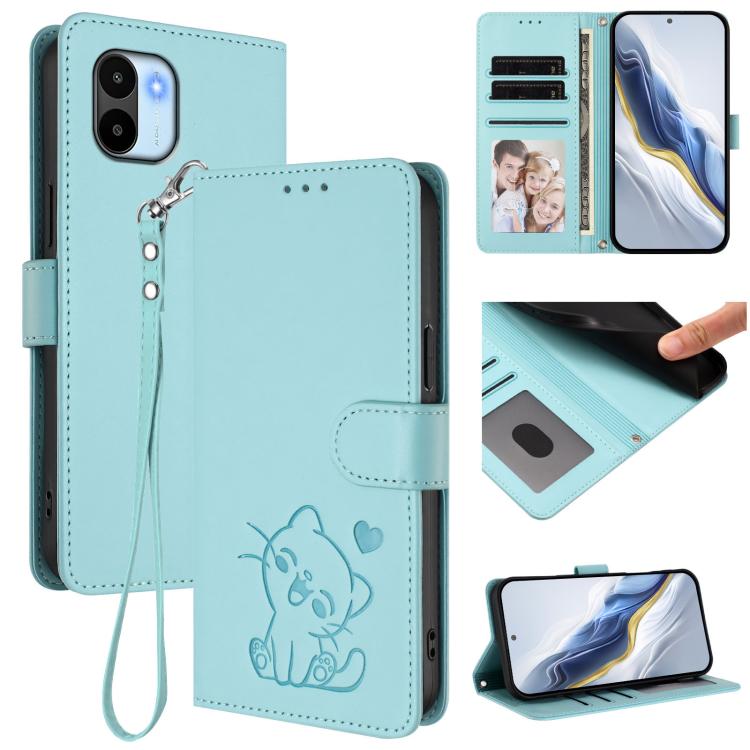 Embossed Heart Cat Leather Phone Case with Hand Strap, For Redmi Note 12 4G Global, For Redmi A1 4G / A2 4G, For Redmi 11A / Xiaomi Poco C55, For Redmi Note 12 Pro+ 5G India