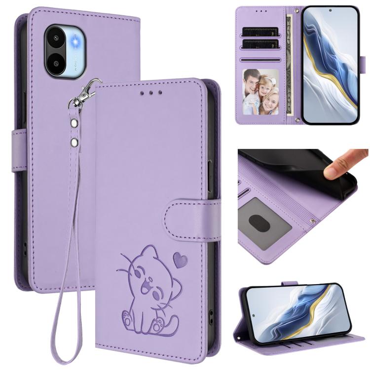 Embossed Heart Cat Leather Phone Case with Hand Strap, For Redmi Note 12 4G Global, For Redmi A1 4G / A2 4G, For Redmi 11A / Xiaomi Poco C55, For Redmi Note 12 Pro+ 5G India