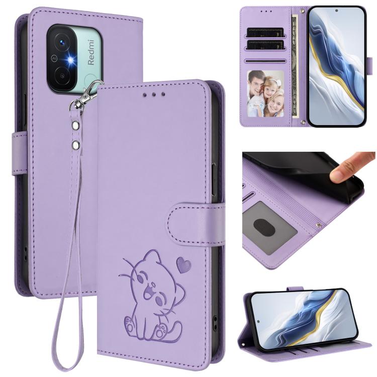 Embossed Heart Cat Leather Phone Case with Hand Strap, For Redmi Note 12 4G Global, For Redmi A1 4G / A2 4G, For Redmi 11A / Xiaomi Poco C55, For Redmi Note 12 Pro+ 5G India