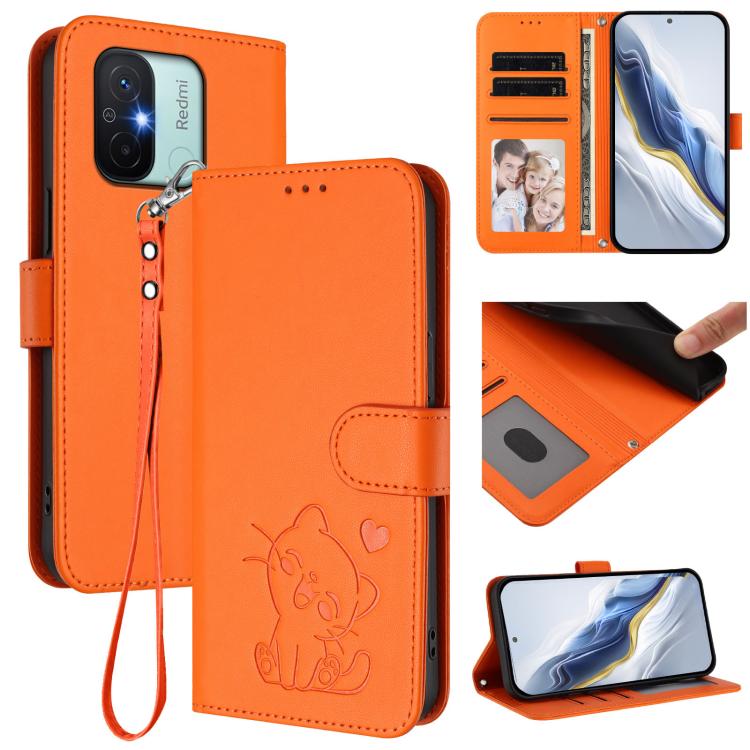 Embossed Heart Cat Leather Phone Case with Hand Strap, For Redmi Note 12 4G Global, For Redmi A1 4G / A2 4G, For Redmi 11A / Xiaomi Poco C55, For Redmi Note 12 Pro+ 5G India