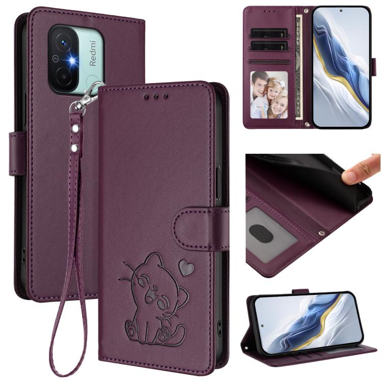 Embossed Heart Cat Leather Phone Case with Hand Strap, For Redmi Note 12 4G Global, For Redmi A1 4G / A2 4G, For Redmi 11A / Xiaomi Poco C55, For Redmi Note 12 Pro+ 5G India