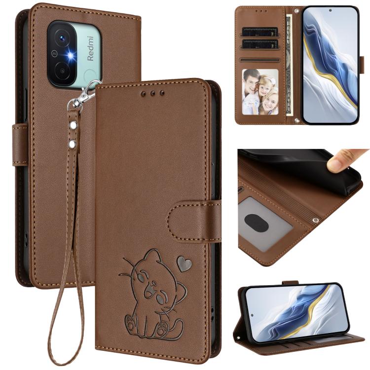 Embossed Heart Cat Leather Phone Case with Hand Strap, For Redmi Note 12 4G Global, For Redmi A1 4G / A2 4G, For Redmi 11A / Xiaomi Poco C55, For Redmi Note 12 Pro+ 5G India