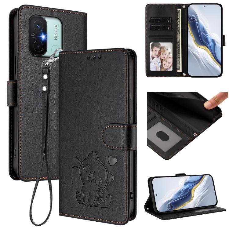 Embossed Heart Cat Leather Phone Case with Hand Strap, For Redmi Note 12 4G Global, For Redmi A1 4G / A2 4G, For Redmi 11A / Xiaomi Poco C55, For Redmi Note 12 Pro+ 5G India