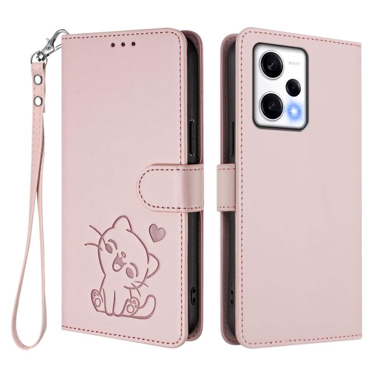 Embossed Heart Cat Leather Phone Case with Hand Strap, For Redmi Note 12 Pro Speed / Note 12 Pro 5G, For Redmi Note 12 5G India / Xiaomi Poco X5, For Redmi 10 5G / 10 Prime+ 5G India, For Redmi K50 Ultra / Xiaomi 12T / 12T Pro