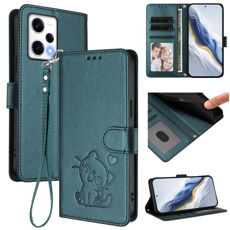 Embossed Heart Cat Leather Phone Case with Hand Strap, For Redmi Note 12 Pro Speed / Note 12 Pro 5G, For Redmi Note 12 5G India / Xiaomi Poco X5, For Redmi 10 5G / 10 Prime+ 5G India, For Redmi K50 Ultra / Xiaomi 12T / 12T Pro