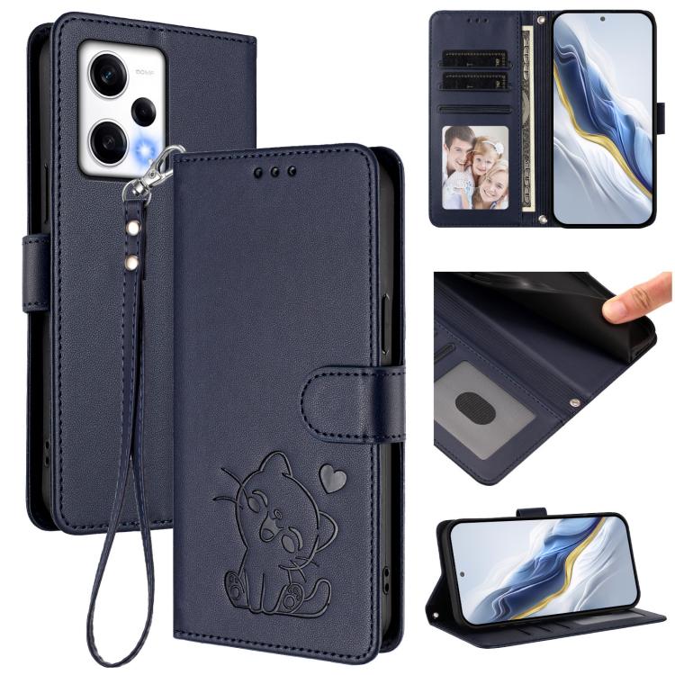 Embossed Heart Cat Leather Phone Case with Hand Strap, For Redmi Note 12 Pro Speed / Note 12 Pro 5G, For Redmi Note 12 5G India / Xiaomi Poco X5, For Redmi 10 5G / 10 Prime+ 5G India, For Redmi K50 Ultra / Xiaomi 12T / 12T Pro