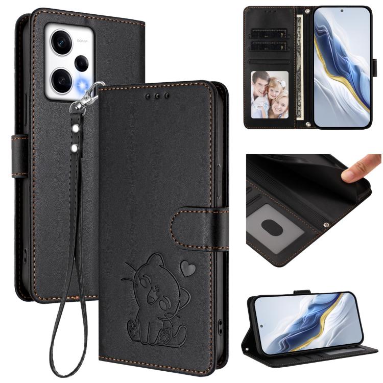 Embossed Heart Cat Leather Phone Case with Hand Strap, For Redmi Note 12 Pro Speed / Note 12 Pro 5G, For Redmi Note 12 5G India / Xiaomi Poco X5, For Redmi 10 5G / 10 Prime+ 5G India, For Redmi K50 Ultra / Xiaomi 12T / 12T Pro