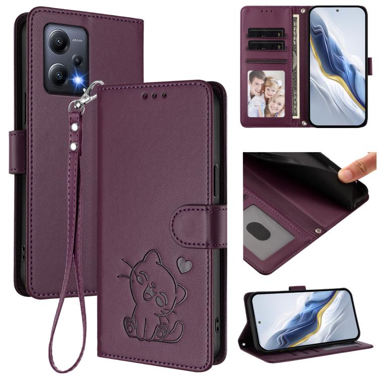 Embossed Heart Cat Leather Phone Case with Hand Strap, For Redmi Note 12 Pro Speed / Note 12 Pro 5G, For Redmi Note 12 5G India / Xiaomi Poco X5, For Redmi 10 5G / 10 Prime+ 5G India, For Redmi K50 Ultra / Xiaomi 12T / 12T Pro