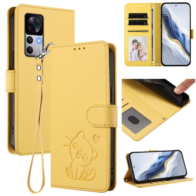 Embossed Heart Cat Leather Phone Case with Hand Strap, For Redmi Note 12 Pro Speed / Note 12 Pro 5G, For Redmi Note 12 5G India / Xiaomi Poco X5, For Redmi 10 5G / 10 Prime+ 5G India, For Redmi K50 Ultra / Xiaomi 12T / 12T Pro