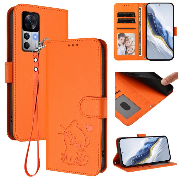 Embossed Heart Cat Leather Phone Case with Hand Strap, For Redmi Note 12 Pro Speed / Note 12 Pro 5G, For Redmi Note 12 5G India / Xiaomi Poco X5, For Redmi 10 5G / 10 Prime+ 5G India, For Redmi K50 Ultra / Xiaomi 12T / 12T Pro