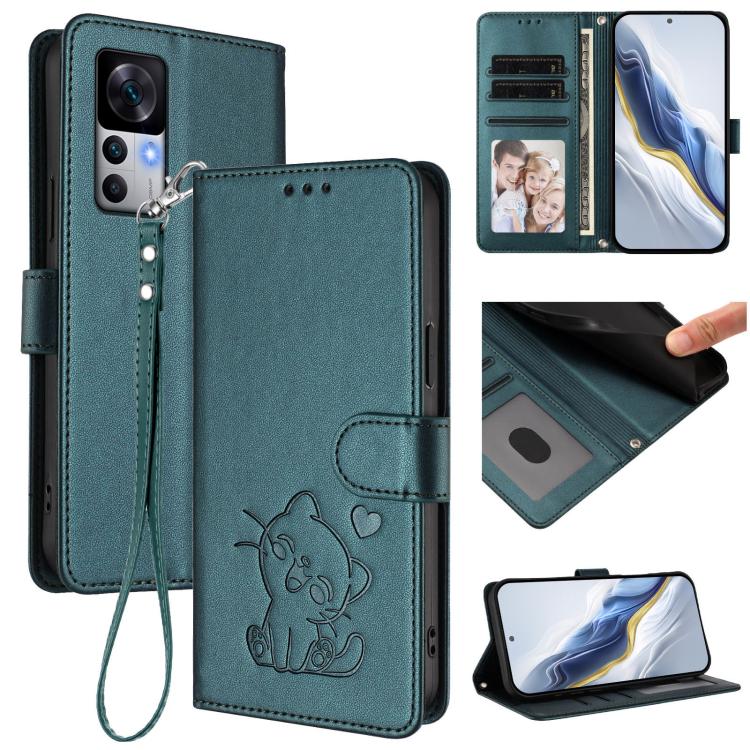 Embossed Heart Cat Leather Phone Case with Hand Strap, For Redmi Note 12 Pro Speed / Note 12 Pro 5G, For Redmi Note 12 5G India / Xiaomi Poco X5, For Redmi 10 5G / 10 Prime+ 5G India, For Redmi K50 Ultra / Xiaomi 12T / 12T Pro