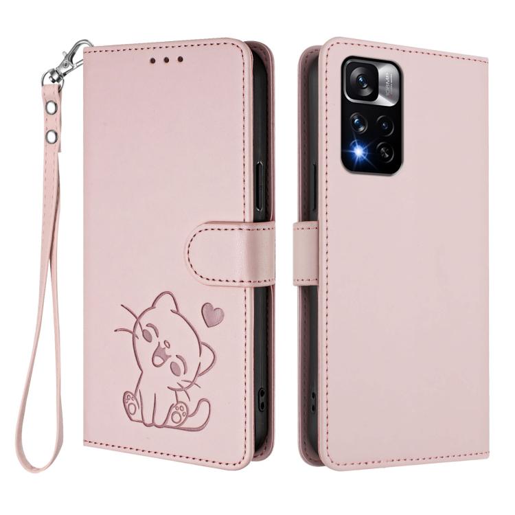 Embossed Heart Cat Leather Phone Case with Hand Strap, For Redmi Note 11 Pro+ 5G EU, For Redmi 10 2022 India / 10C, For Redmi Note 11S 5G / Xiaomi Poco M4 Pro 5G, For Redmi 10A / 9C
