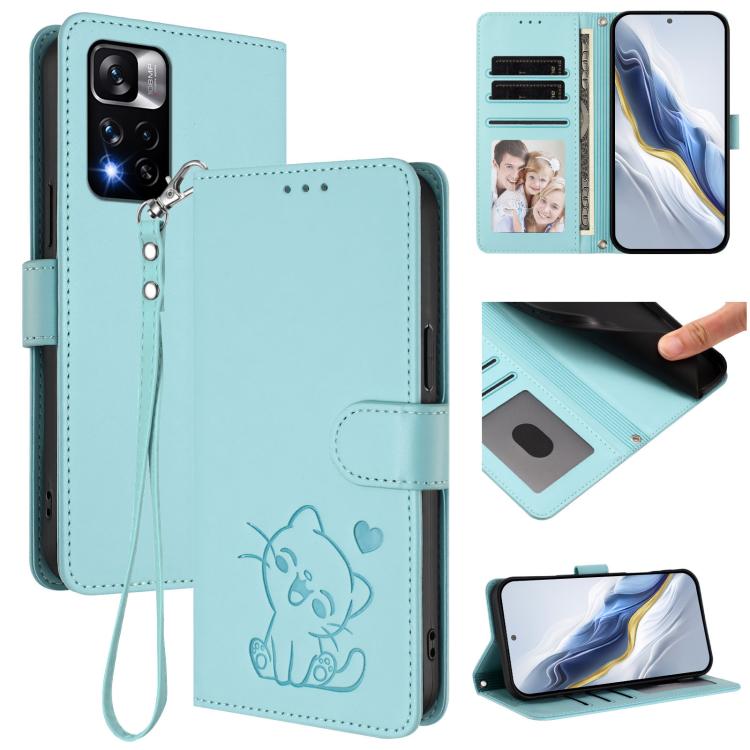 Embossed Heart Cat Leather Phone Case with Hand Strap, For Redmi Note 11 Pro+ 5G EU, For Redmi 10 2022 India / 10C, For Redmi Note 11S 5G / Xiaomi Poco M4 Pro 5G, For Redmi 10A / 9C