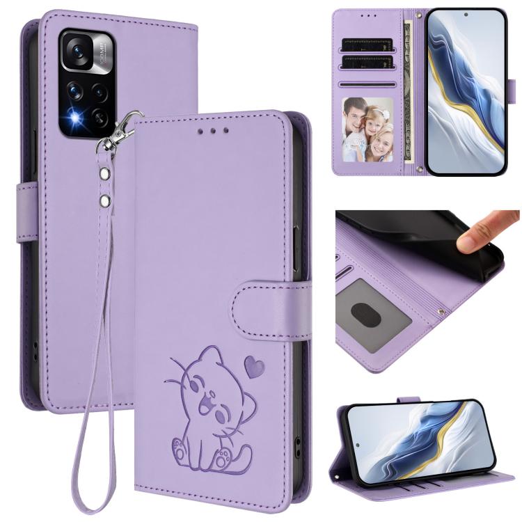 Embossed Heart Cat Leather Phone Case with Hand Strap, For Redmi Note 11 Pro+ 5G EU, For Redmi 10 2022 India / 10C, For Redmi Note 11S 5G / Xiaomi Poco M4 Pro 5G, For Redmi 10A / 9C