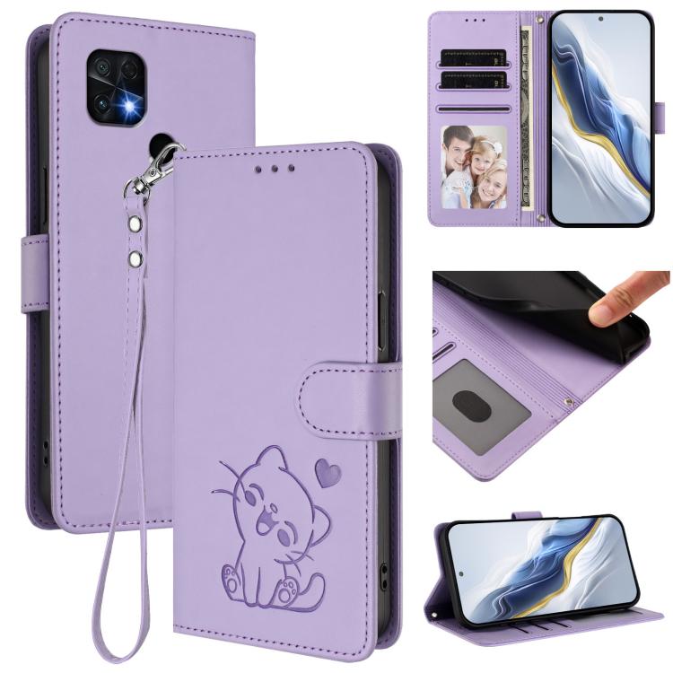 Embossed Heart Cat Leather Phone Case with Hand Strap, For Redmi Note 11 Pro+ 5G EU, For Redmi 10 2022 India / 10C, For Redmi Note 11S 5G / Xiaomi Poco M4 Pro 5G, For Redmi 10A / 9C