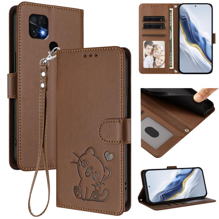Embossed Heart Cat Leather Phone Case with Hand Strap, For Redmi Note 11 Pro+ 5G EU, For Redmi 10 2022 India / 10C, For Redmi Note 11S 5G / Xiaomi Poco M4 Pro 5G, For Redmi 10A / 9C