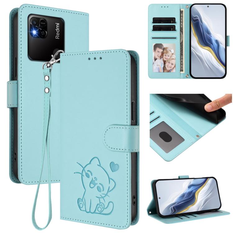 Embossed Heart Cat Leather Phone Case with Hand Strap, For Redmi Note 11 Pro+ 5G EU, For Redmi 10 2022 India / 10C, For Redmi Note 11S 5G / Xiaomi Poco M4 Pro 5G, For Redmi 10A / 9C