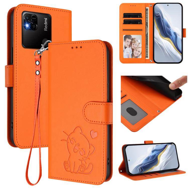Embossed Heart Cat Leather Phone Case with Hand Strap, For Redmi Note 11 Pro+ 5G EU, For Redmi 10 2022 India / 10C, For Redmi Note 11S 5G / Xiaomi Poco M4 Pro 5G, For Redmi 10A / 9C