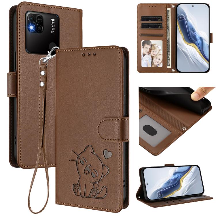 Embossed Heart Cat Leather Phone Case with Hand Strap, For Redmi Note 11 Pro+ 5G EU, For Redmi 10 2022 India / 10C, For Redmi Note 11S 5G / Xiaomi Poco M4 Pro 5G, For Redmi 10A / 9C