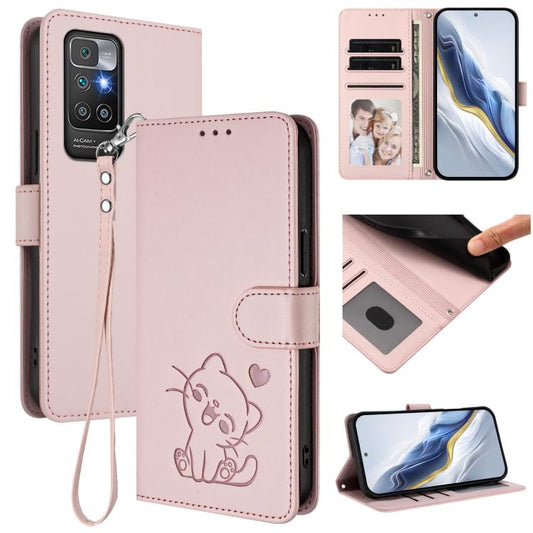 Embossed Heart Cat Leather Phone Case with Hand Strap, For Redmi 10 2022