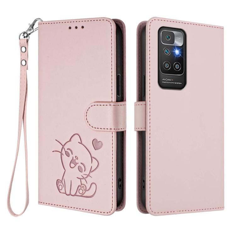 Embossed Heart Cat Leather Phone Case with Hand Strap, For Redmi 10 2022