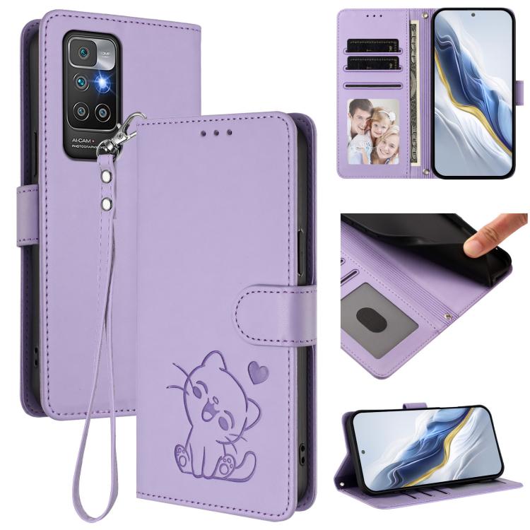Embossed Heart Cat Leather Phone Case with Hand Strap, For Redmi 10 2022