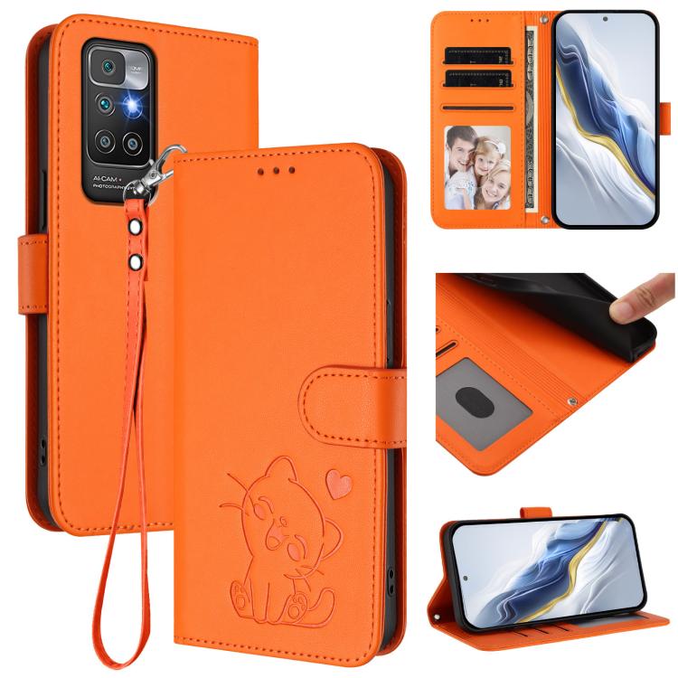 Embossed Heart Cat Leather Phone Case with Hand Strap, For Redmi 10 2022