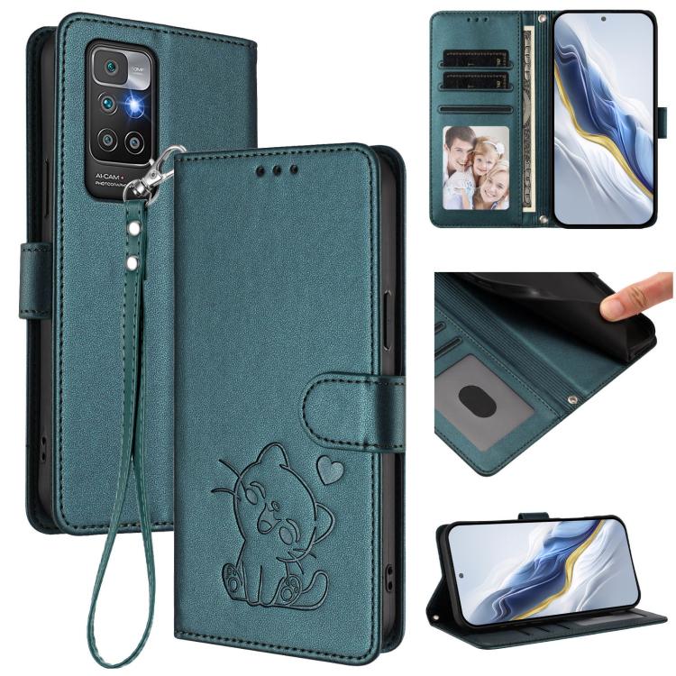 Embossed Heart Cat Leather Phone Case with Hand Strap, For Redmi 10 2022