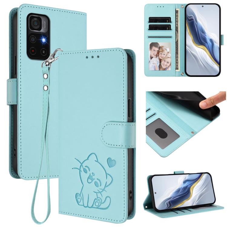 Embossed Heart Cat Leather Phone Case with Hand Strap, For Redmi Note 11 Pro+ 5G EU, For Redmi 10 2022 India / 10C, For Redmi Note 11S 5G / Xiaomi Poco M4 Pro 5G, For Redmi 10A / 9C