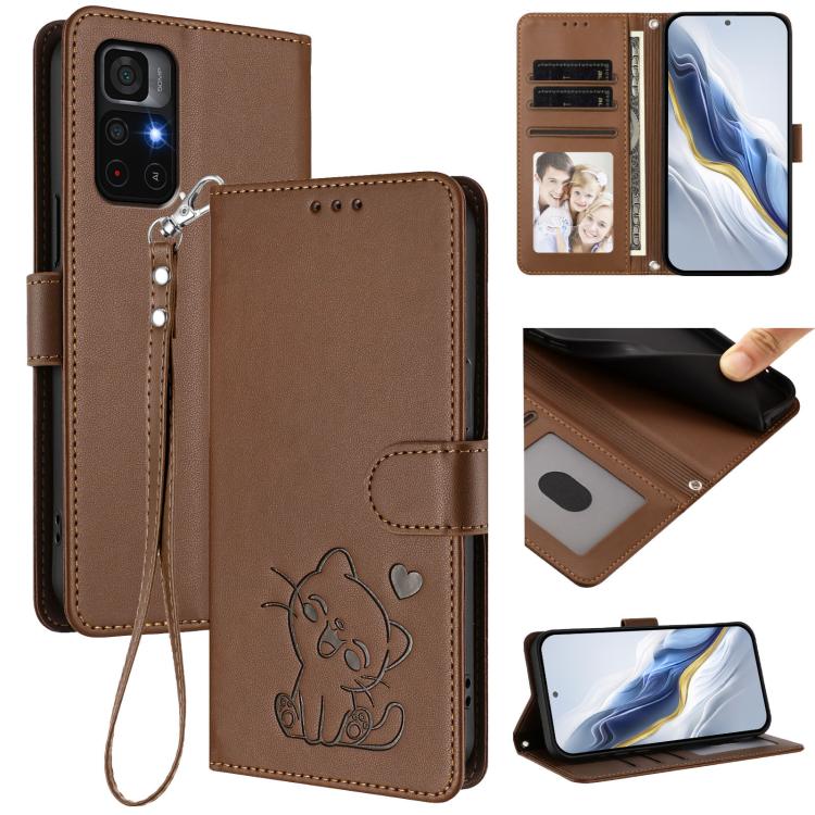 Embossed Heart Cat Leather Phone Case with Hand Strap, For Redmi Note 11 Pro+ 5G EU, For Redmi 10 2022 India / 10C, For Redmi Note 11S 5G / Xiaomi Poco M4 Pro 5G, For Redmi 10A / 9C