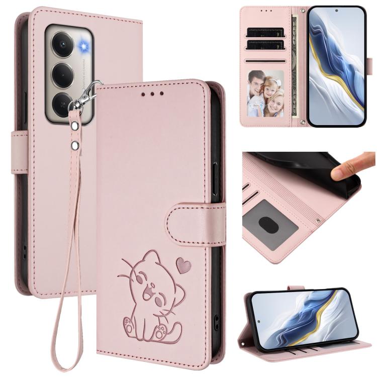 Embossed Heart Cat Leather Phone Case with Hand Strap, For Redmi 15C 5G / 4G EU 173mm / Poco C85 5G, For Xiaomi Poco M7 4G 169mm, For Redmi 15 5G Global / 15 4G SEA 169.5mm, For Redmi 15 5G / 4G EU 171mm