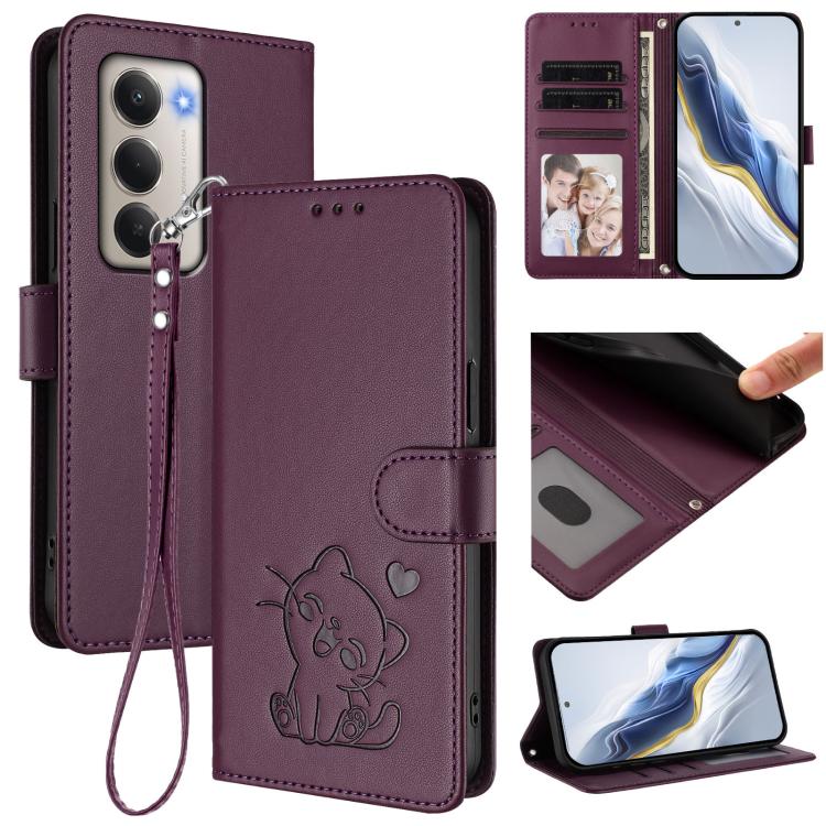 Embossed Heart Cat Leather Phone Case with Hand Strap, For Redmi 15C 5G / 4G EU 173mm / Poco C85 5G, For Xiaomi Poco M7 4G 169mm, For Redmi 15 5G Global / 15 4G SEA 169.5mm, For Redmi 15 5G / 4G EU 171mm