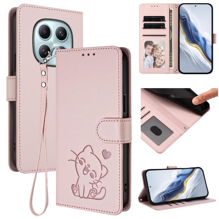 Embossed Heart Cat Leather Phone Case with Hand Strap, For Redmi Turbo 5 Max 5G / Poco X8 Pro Max 5G, For Redmi Turbo 5 5G / Poco X8 Pro 5G, For Redmi Note 15 Pro+ 5G 163.3mm/Poco M8 Pro 5G, For Redmi Note 15 5G / 4G 164mm / Poco M8 5G
