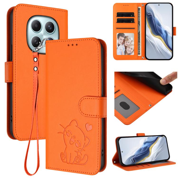 Embossed Heart Cat Leather Phone Case with Hand Strap, For Redmi Turbo 5 Max 5G / Poco X8 Pro Max 5G, For Redmi Turbo 5 5G / Poco X8 Pro 5G, For Redmi Note 15 Pro+ 5G 163.3mm/Poco M8 Pro 5G, For Redmi Note 15 5G / 4G 164mm / Poco M8 5G