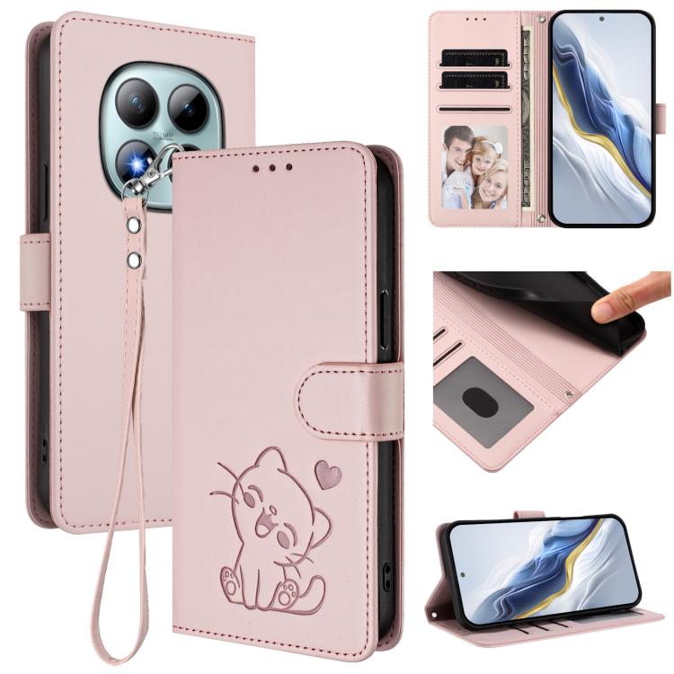Embossed Heart Cat Leather Phone Case with Hand Strap, For Redmi Turbo 5 Max 5G / Poco X8 Pro Max 5G, For Redmi Turbo 5 5G / Poco X8 Pro 5G, For Redmi Note 15 Pro+ 5G 163.3mm/Poco M8 Pro 5G, For Redmi Note 15 5G / 4G 164mm / Poco M8 5G