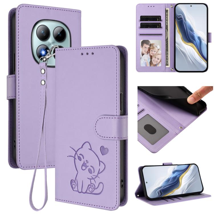 Embossed Heart Cat Leather Phone Case with Hand Strap, For Redmi Turbo 5 Max 5G / Poco X8 Pro Max 5G, For Redmi Turbo 5 5G / Poco X8 Pro 5G, For Redmi Note 15 Pro+ 5G 163.3mm/Poco M8 Pro 5G, For Redmi Note 15 5G / 4G 164mm / Poco M8 5G