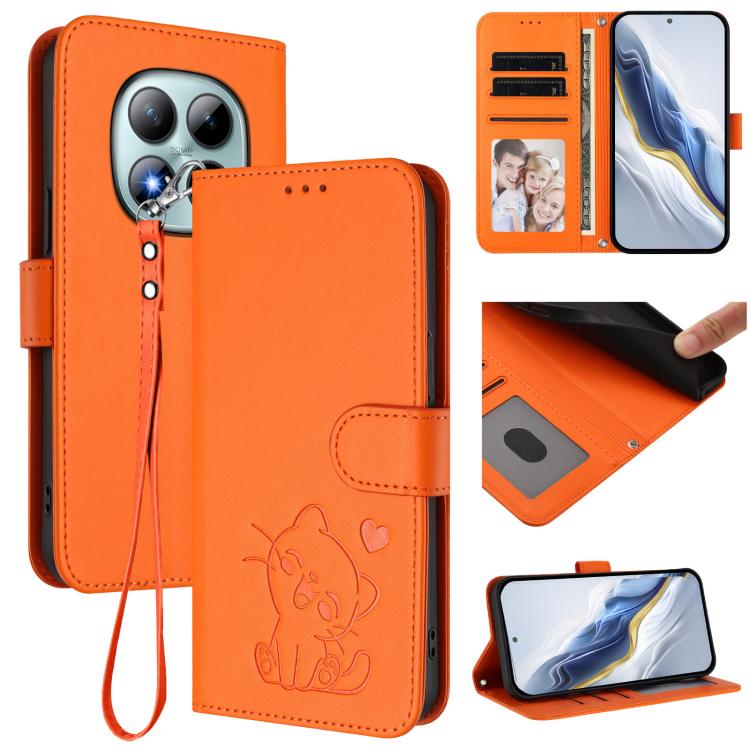 Embossed Heart Cat Leather Phone Case with Hand Strap, For Redmi Turbo 5 Max 5G / Poco X8 Pro Max 5G, For Redmi Turbo 5 5G / Poco X8 Pro 5G, For Redmi Note 15 Pro+ 5G 163.3mm/Poco M8 Pro 5G, For Redmi Note 15 5G / 4G 164mm / Poco M8 5G