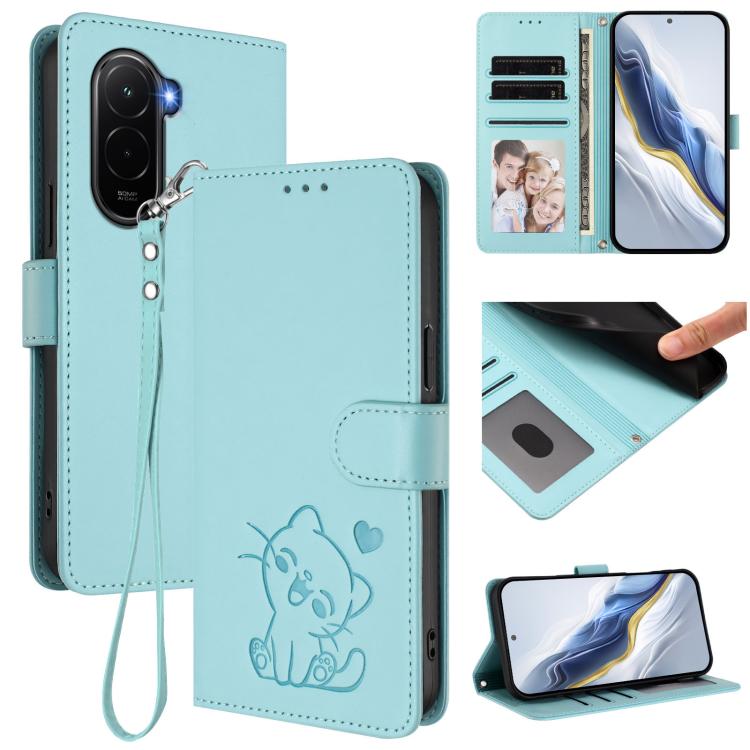Embossed Heart Cat Leather Phone Case with Hand Strap, For Redmi 15C 5G / 4G EU 173mm / Poco C85 5G, For Xiaomi Poco M7 4G 169mm, For Redmi 15 5G Global / 15 4G SEA 169.5mm, For Redmi 15 5G / 4G EU 171mm